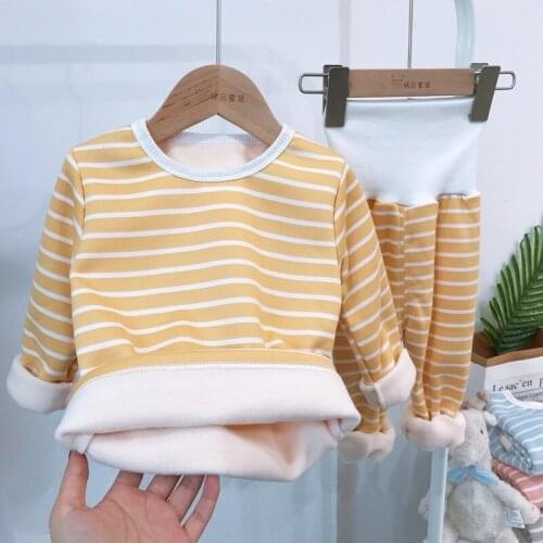 Baby girl clothes boy clothing plus velvet thermal underwear suit baby autumn and winter style striped home service child