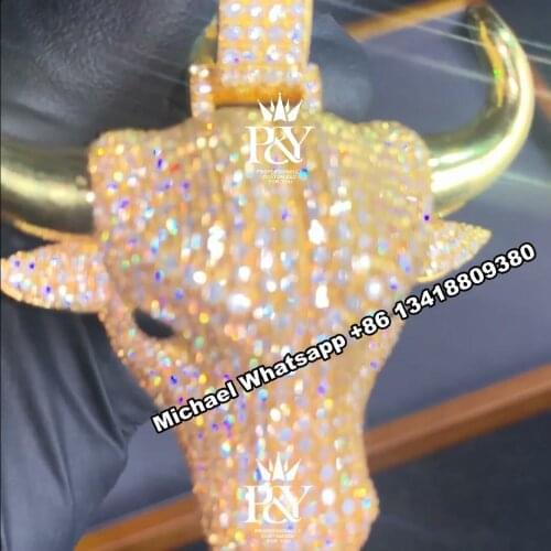 P&Y Custom Design Hip Hop Bling Jewelry VVS D Moissanite Iced Out 925 Sterling Silver Bull Head Pendant