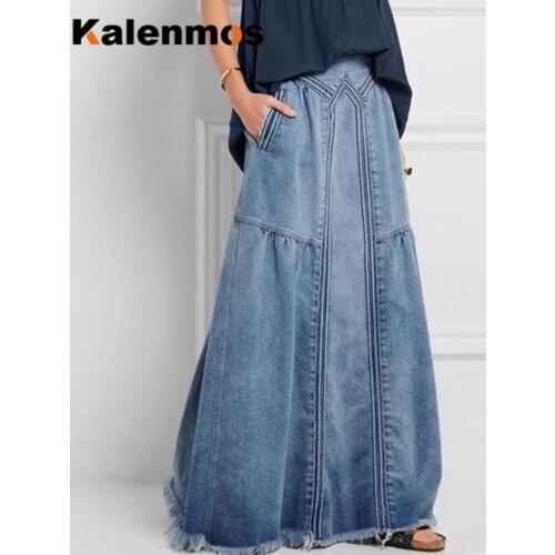 KALENMOS Denim Jeans Women Long Skirt Stretch Vintage Loose Slim Fit Blue Club Streetwear Cotton Sexy Harajuku Skirts Plus Size