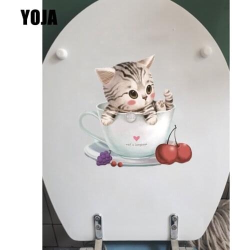 YOJA 23.9*23.8CM The Cat In The Cup Lovely Animal Wall Stickers Kids Room Decor Toilet Sticker T1-0070