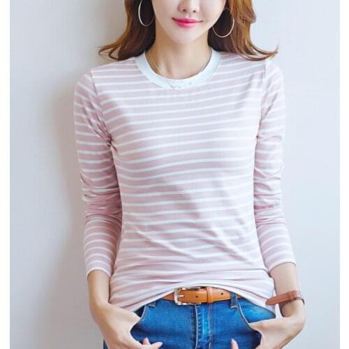 Spring and Autumn 2019 new fashion cotton simple striped Slim wild long-sleeved bottoming shirt womens t-shirt female