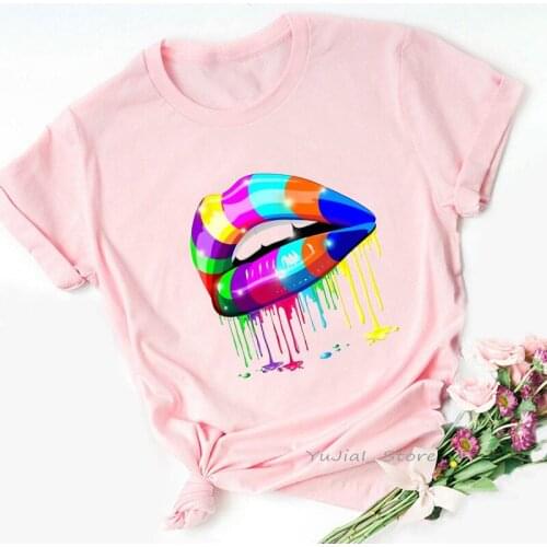 Watercolor Rainbow Lips Print Women Tshirts Funny Pink T Shirt Femme Harajuku Shirt Hip Hop Cool Female T-Shirt Streetwear