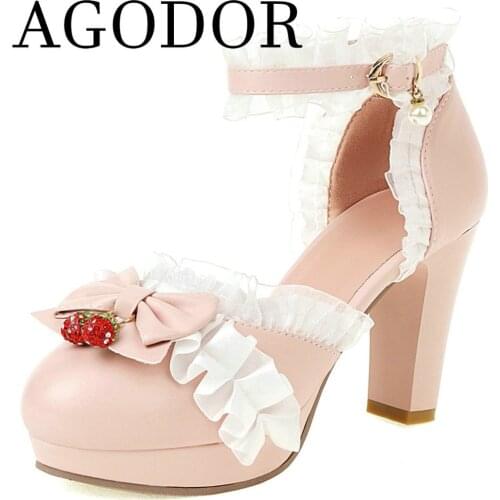 AGODOR 2021 Lolita Pumps Women Platform Lace Cute Pumps D orsay New High-heeled Shoes Simple Side Buckle Sweet Thick Heel Shoes