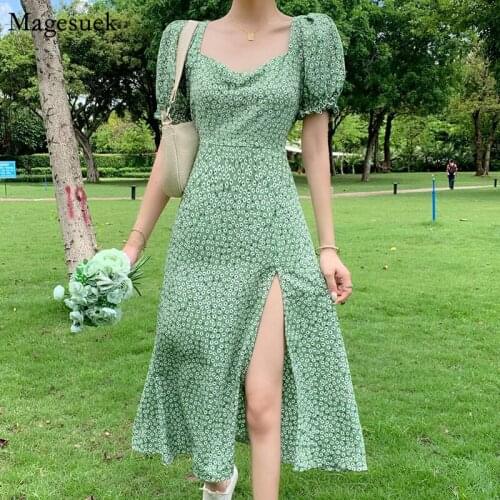 French Split Sexy Floral Bohemia Dress Women Summer Square Collar Printed Dressed Female Elegant Beach Boho Long Dress New 14548