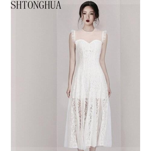 2020 Spring Sleeveless Party Midi Dress Runway Designer Women Lace Patchwork Mesh White Dress Fashion Hollow Out Vestidos