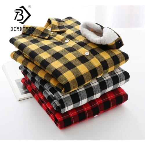 Winter Womens Thick Fleece Plaid Long Sleeve Korean Velvet Cotton Shirt Office Loose Turn-down Collar OL Shirts Lady T17004X
