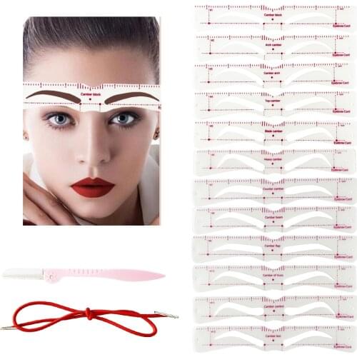 12Pcs/Set Eyebrow Shaper Kit Reusable Eyebrow Template With Strap & Eyebrow Razor Women Girl Home Cosmetic DIY Grooming Eyebrow