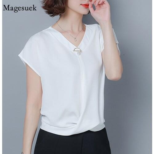 2021 Summer Plus Size Elegant Chiffon Shirt Women Clothes Solid Loose Short Sleeve V-neck Office Lady Blouse Blusa 9051 50