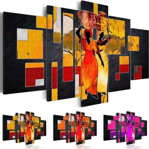 5 Panel Abstract African Women Poster Overhead Clay Pot Landscape Canvas Painting Wall Art Print Picture Home Decor No Frame