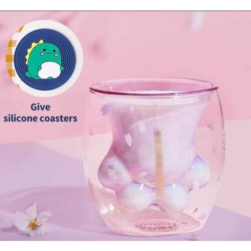 Cat Claw Cup Beautiful Glass Milk Cup Double layer Free Coffee Coaster Cherry Pink Transparent Powder Household Transparent Cups