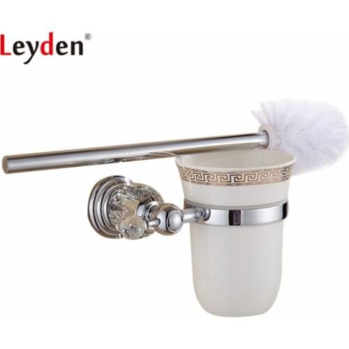 Leyden Zinc-Alloy Crystal Toilet Brush Holder Chrome Wall Mounted Durable Toilet Brush With Glass Cup Bathroom Accessories