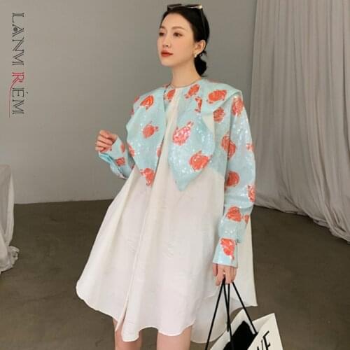 LANREM new red Fish scale sequin small round-neck loose all-match above knee casual dress for female autumn fashion tide 2A1423