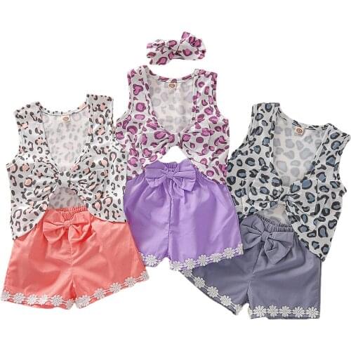 Toddler Girls 3PCS Summer Outfits, Sleeveless Bow Front Leopard Tank Tops + Shorts Set