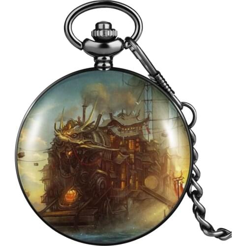 Cool Vintage Train Mans Quartz Pocket Watch Classic Arabic Numerals Big Dial Comfortable Thick Chain Pendant Black Flip Cover