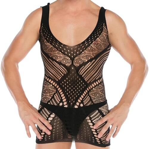 Men Sexy Bodystocking Lace Bodysuit Erotic Underwear Nightwear with Stockings