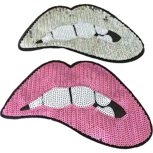 New 1Pieces Silver LIps Sequined Patches for Clothes Handmade Sewing Accessory Big Mouth Motif Appliqued Embroidery Patch