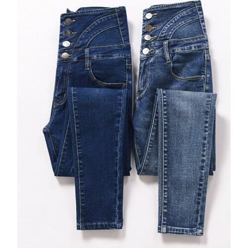 Single Brested Split Hoge Taille Vrouwen Jeans Bekrast Stretch Skinny Potlood Broek Denim Mujer Elastische Slanke Broek Herfst