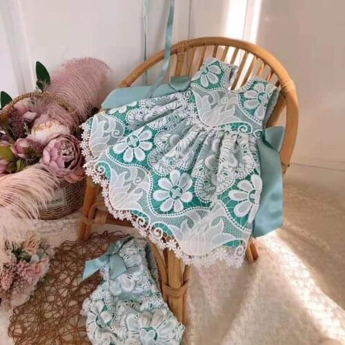 3PCS Summer Vintag Lolita Spanish Princess Sleeveless A-line Dress For Bady Girls Lace Bow Flowers Birthday Party For Childrens