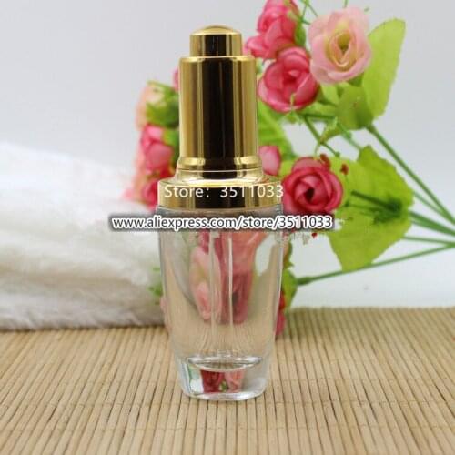 30ml Luxury Transparent Glass Essential Oil Bottle Essence Press Pump Container Clear Glass Essential Oil Gold Dropper Bottle