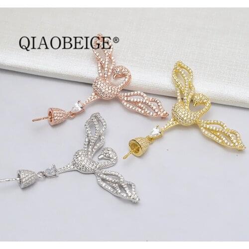 QIAOBEIGE wholesale zircon big bird charms pearl pendant diy accessory luxury one 925 sterling silver necklaces mounting jewelry