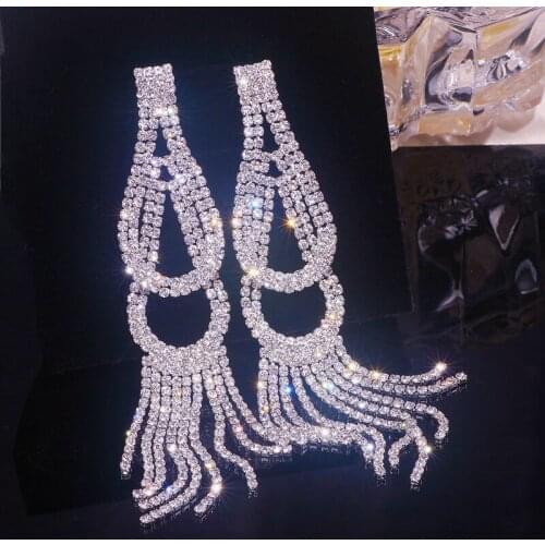 Luxury Bling Crystal Rhinestone Long Tassel Dangle Earrings for Women Wedding Bridal Big Drop Earrings Brincos Jewelry Bijoux
