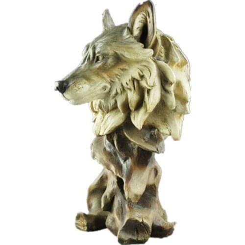 FAUX WOOD WOLF HEAD STATUE ANIMAL DECORATIVE FIGURINE RESIN ART&CRAFT HOME DECORATION R46