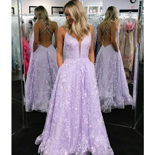 VKBRIDAL Sexy Long Lace V-Neck Prom Dresses with Pockets Maxi Criss-cross Formal Evening Homecoming Party Gowns