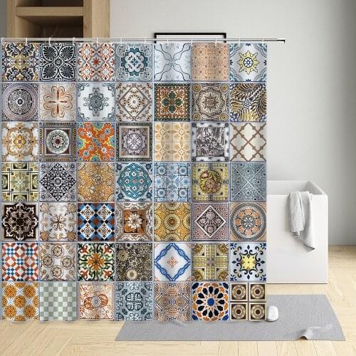 Mandala Shower Curtain National Style Square Lattice Pattern Orange Blue White Waterproof Cloth Bathroom Decor Bath Screen
