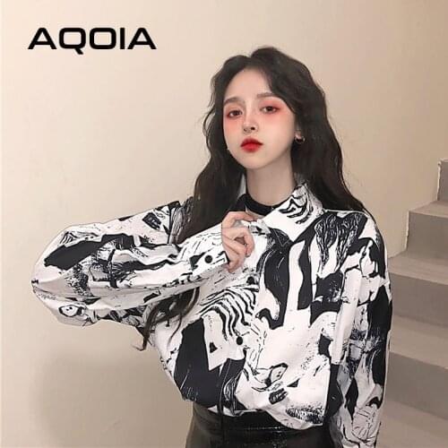Street Style Long Sleeve Chiffon Plus Size Women Blouse Shirts Abstract Printing Button Up Ladies Blouses 2021 Female Shirts