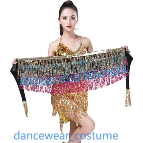 Women Sequins Fringe Skirt Ladies Belly Dance Hip Scarf Wrap Skirt Ballroom Latin Salsa Dance Dress Tassels Open Belt Skirt 2Col