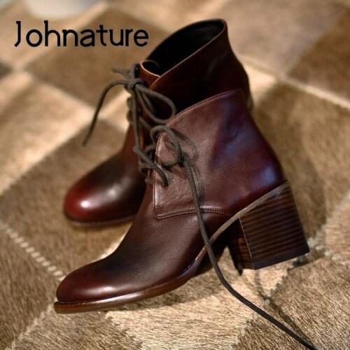 Johnature Ankle Women Boots Genuine Leather Lace-up 2021 New Autumn Winter Shoes Sewing Round Toe Casual Handmade Platform Boots