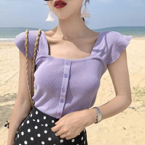 Women Tanks Tops Spring and Summer Square Collar Purple Strap Tube Top Knitted Vest Womens Top Camis Crop Top For Women