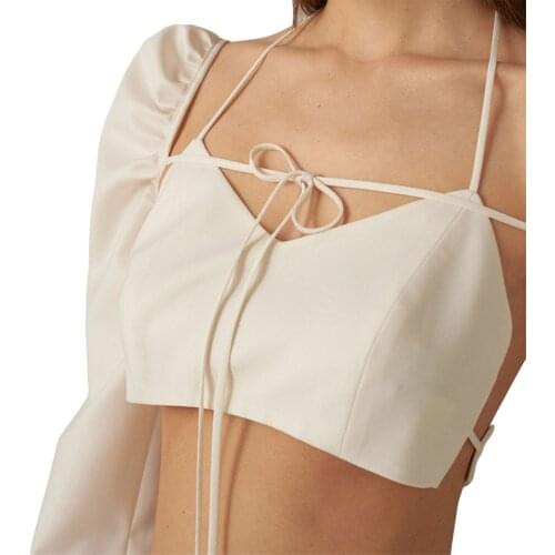 DEWADBOW Women Tops 2 Piece 2021 Summer ins Sexy Solid Long Puff Sleeve T-Shirts Streetwear Hallter Camis Backless tied Crop Top