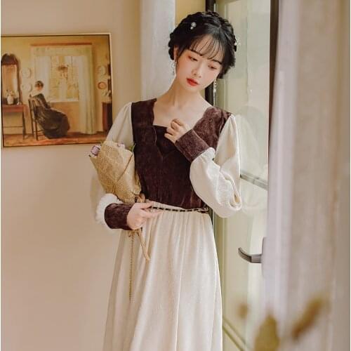 Female Autumn 2021 Chic V-neck Corrugated Velvet Stitching Long Sleeved Retro Dresses Simple Fashion Belt Thin Velvet Midi Dress