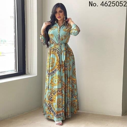 Ethnic Print Maxi Dresses for Women Single-breasted Lapel Shirt Dress Dubai Turkey Arabic Oman Middle East Clothing 2021 New