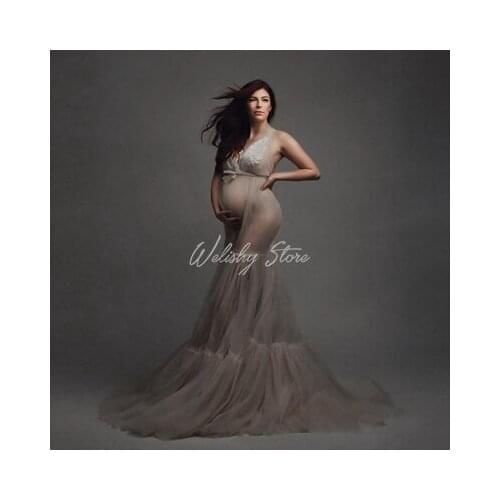 2021 Charming A-Line Draped Sheer See Thru Maternity Tulle Dresses V-Neck Sleeveless 3D Appliques Bust Long Tulle Women Dress