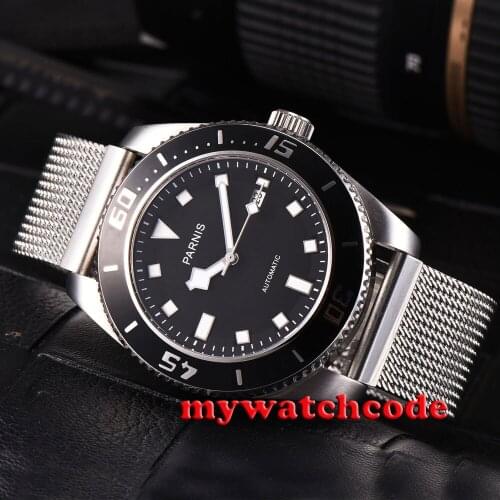 43mm parnis black dial black bezel date sapphire glass automatic mens watch P592