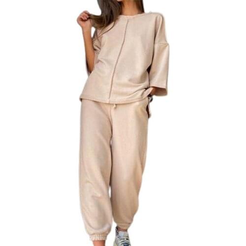 Pant Sets Women Fashion Loose Women Tracksuit Solid Color Ankle Tied Sport Suit Three-quarter Sleeves Drawstring Women Tracksuit