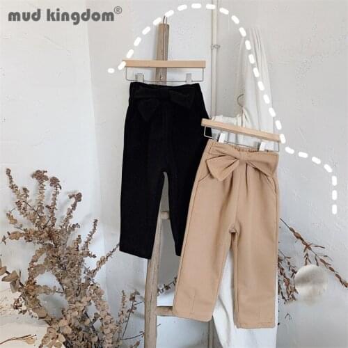 Mudkingdom Girls Pants Solid Bow Fleeced Elastic Waist Slant Pocket Winter Trousers for Little Girl Casual Children Clothing