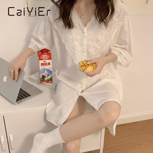 CAIYIER Summer Lace pajamams Suit Sweet Silk Nightgown Girls Vintage Sleepwear Sexy v-neck White Dress Soft Loose Cute Home Wear