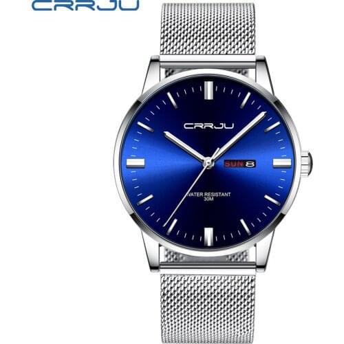 Watches for Men CRRJU Mens Casual Thin Watch Waterproof Quartz Wristwatch Blue Dial Calendar Display Watch Clock reloj de hombre