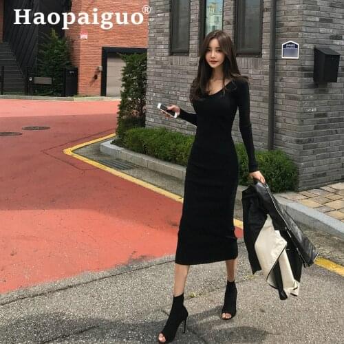 Black Knitted Sweater Dresses Ladies Long Sleeve Sheath Bodycon Wrap Long Dress Women Solid Good Elastic Autumn Dress Women Robe