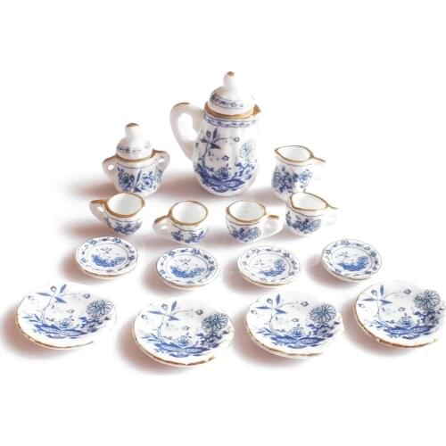 HOT SALE 1/12th Dining Ware China Ceramic Tea Set Dolls House Miniatures Blue Flower