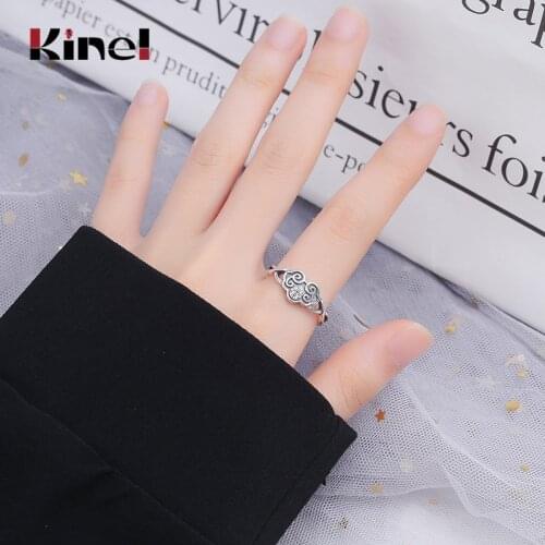 Kinel Real 925 Sterling Silver Ring Vintage Open Stacking Finger Rings for Women Ethnic Auspicious Wishful Wedding Jewelry