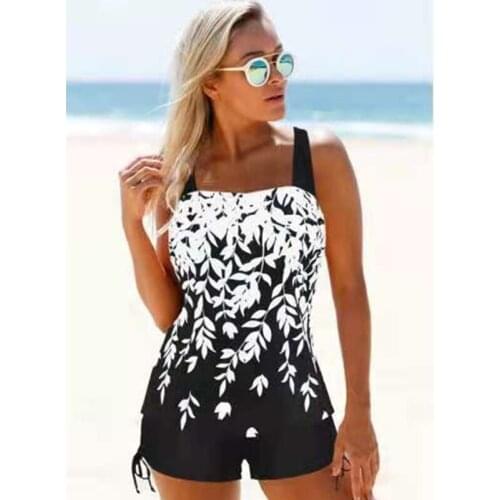 2Pcs Women Summer Swimwear Set Leaf Print Padded Tank Tops + Solid Color Drawstring Shorts Swimsuit Bikini Brazilian Beachwear