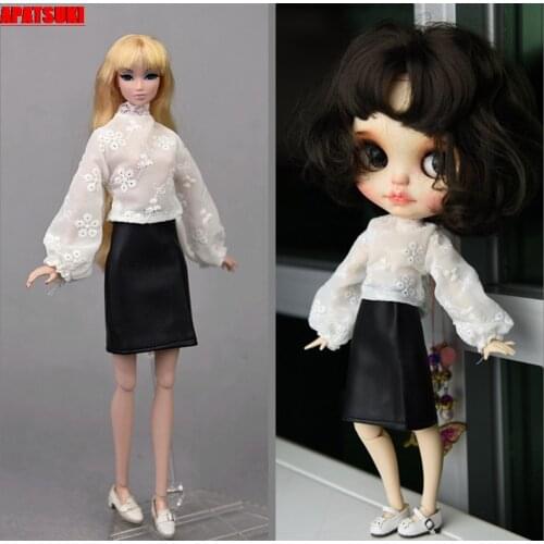 Fashion Clothes Set For Barbie Doll 1:6 Accessories Dolls Outfits White Puff Sleeve Tops Black Leather Skirt For Blythe Doll Toy