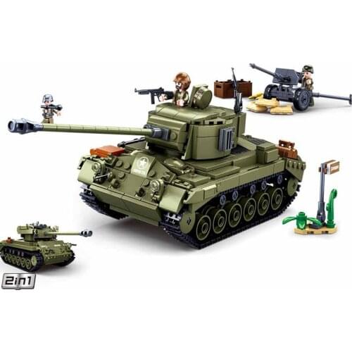 SLUBAN WW2 Military M26E1 Pershing Tank Model Building Blocks World War 2 US Army Soldier Figures Bricks Classic Kids Toys Boys