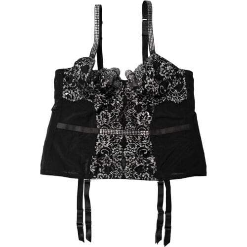 Black Silver Embroidery Flower Plus Size Rhinestone Metal Clips Women Gothic Sexy Bustier with Belts Underwear Corset SH036