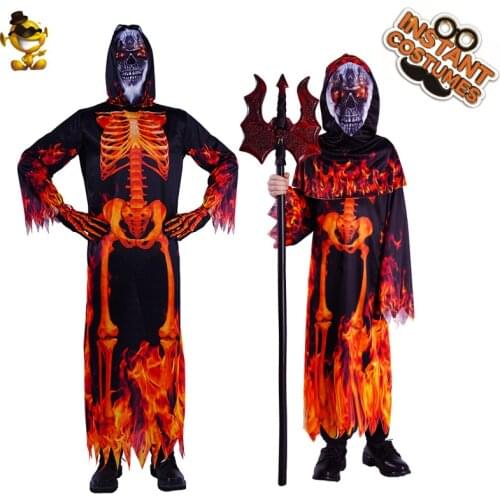 Boys Fire Skeleton Costume Adult Men Grim Reaper Costumes Robe Clothes with Hood Cosplay Halloween Party Outfits