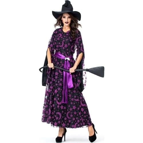 Adult Witch Halloween Costume for Women Purple Star Moon Witch Vampire Fancy Dress Sexy Witches Stage Performance Cosplay Outfit